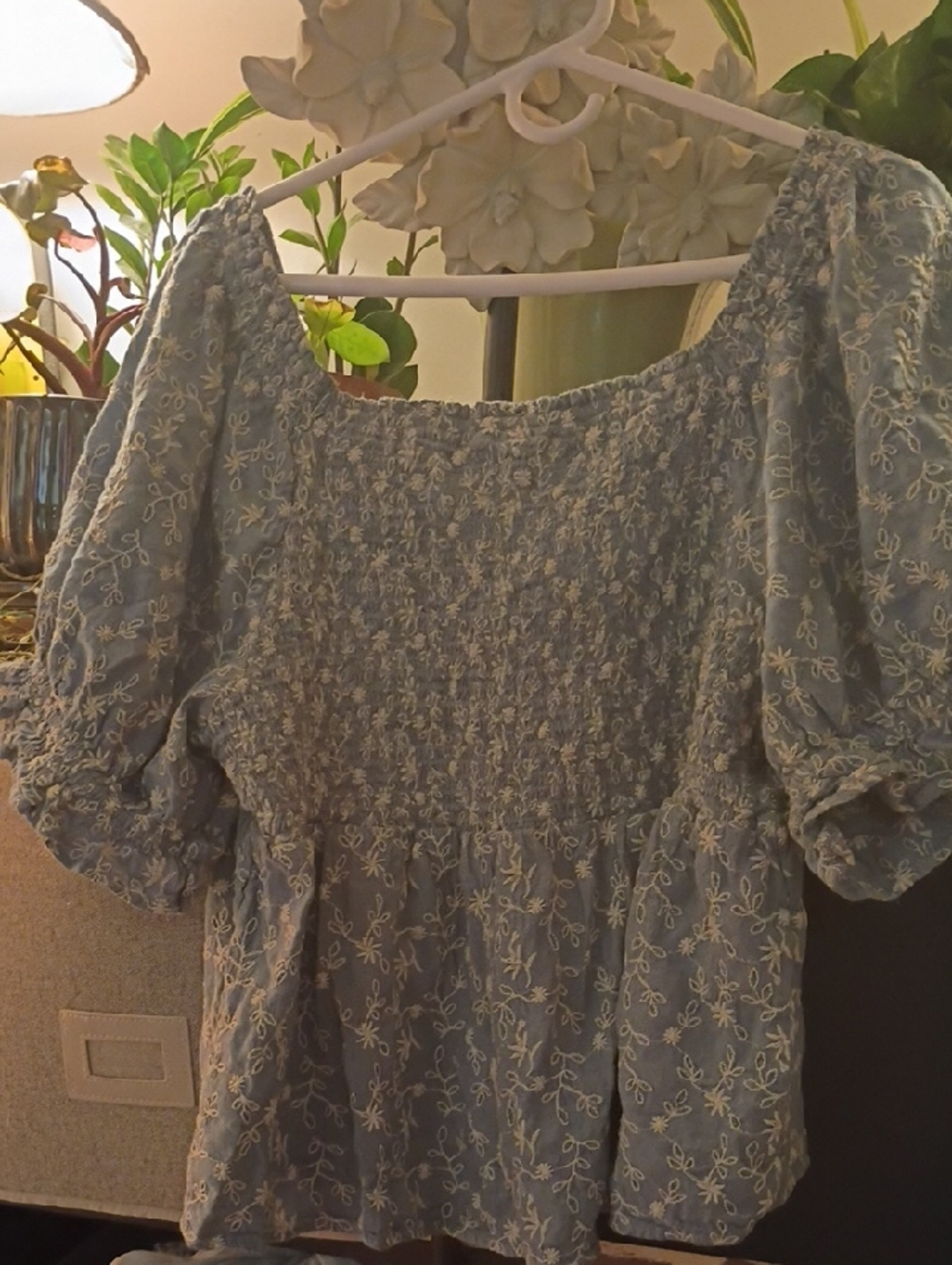 Old Navy Light Blue Embroidered Smocked Peasant Blouse